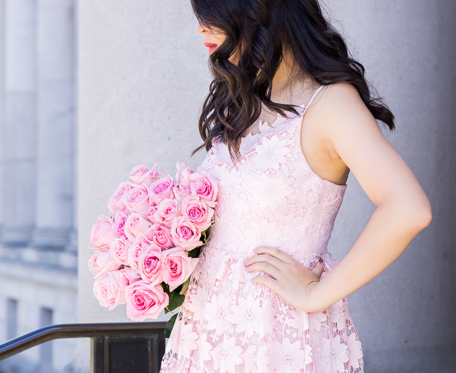 Pink lace dress review from Chicwish, Seattle fashion blogger, petite blogger, pink roses