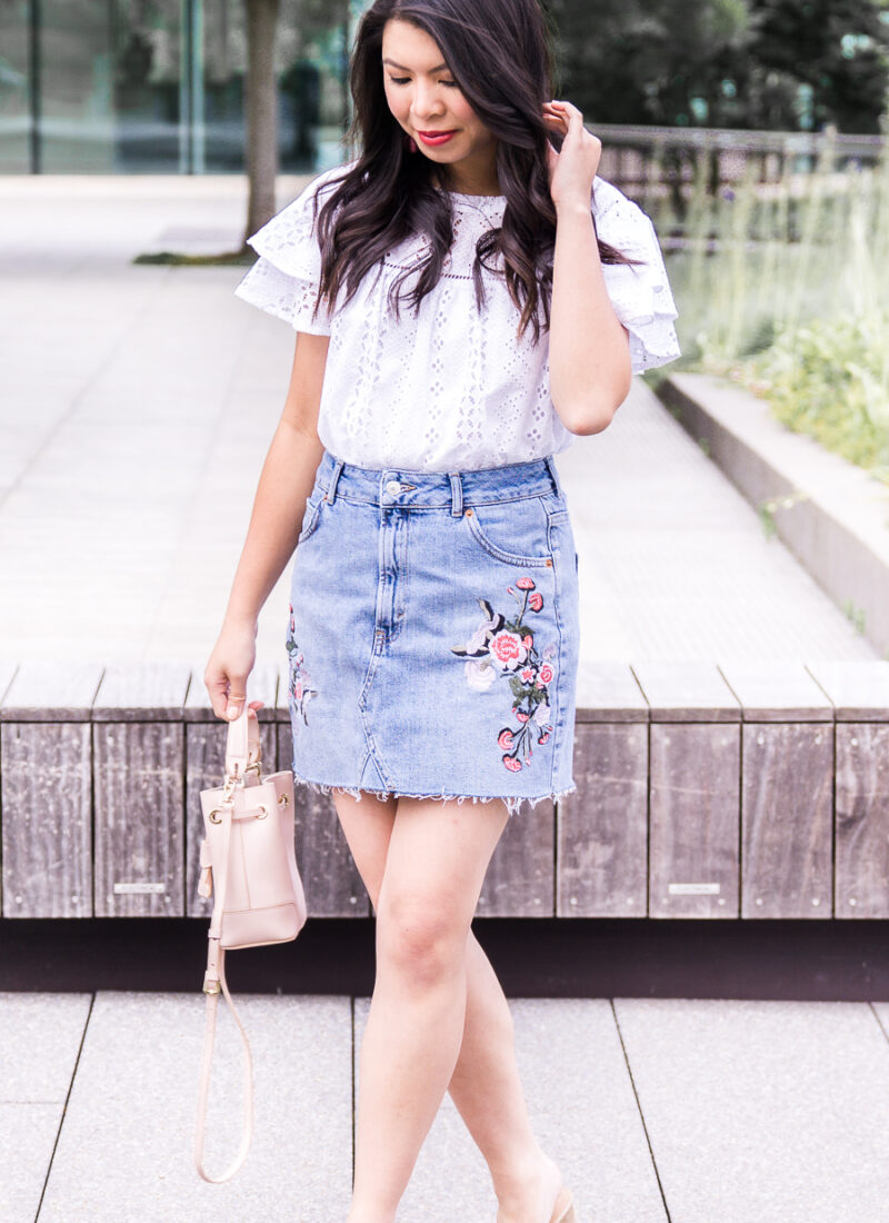 Embroidered denim skirt, eyelet ruffle top, Seattle fashion blogger, cute summer outfit
