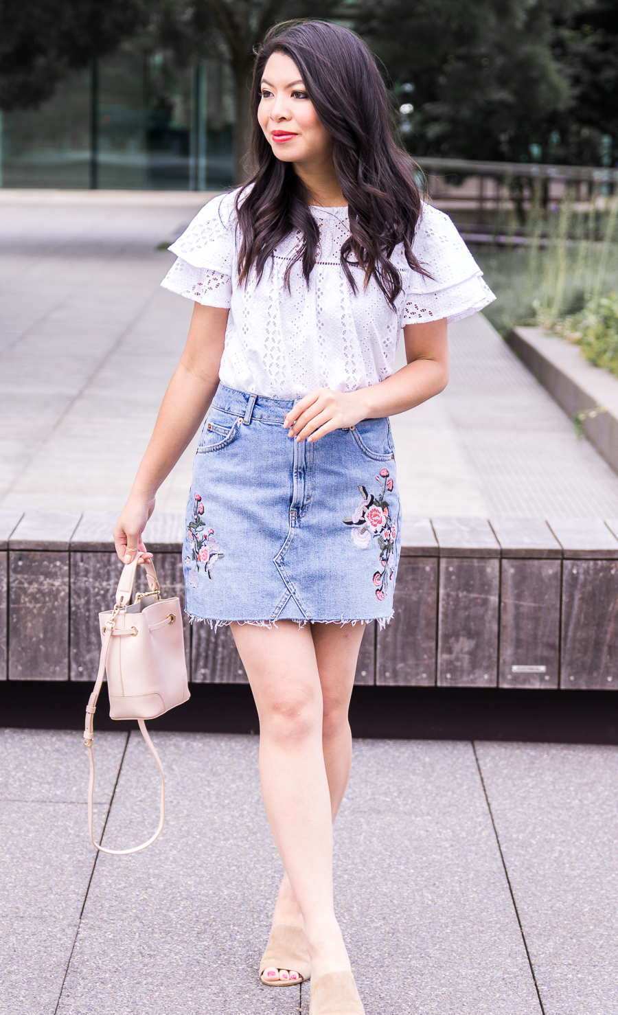 Embroidered denim skirt, eyelet ruffle top, Seattle fashion blogger, cute summer outfit