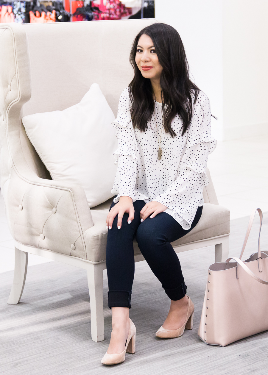 Polka dot top, casual work outfit, blush accessories, Seattle fashion blogger
