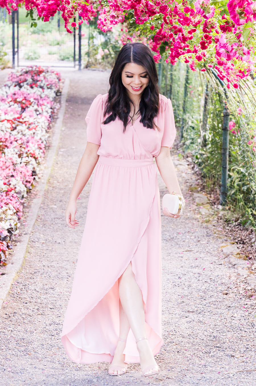 Tips for visiting Point Defiance Rose Garden in Tacoma, Washington, wrap maxi dress, Tacoma photography, Seattle fashion blogger, wedding guest summer style