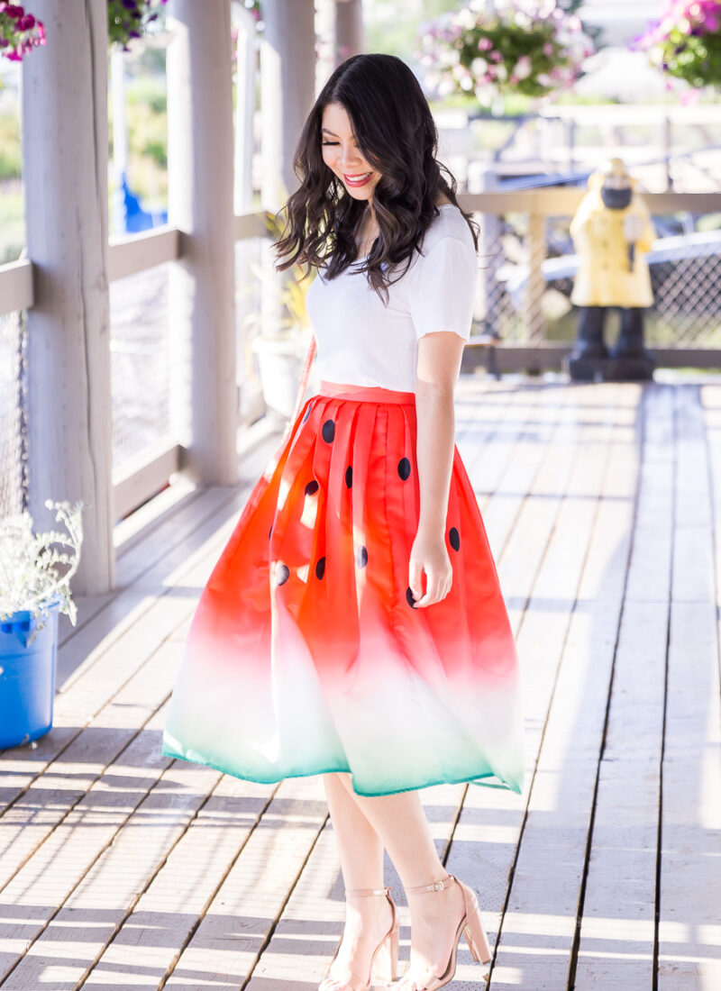 Watermelon skirt, watermelon print, cute summer outfit, Seattle fashion blogger, petite fashion blog