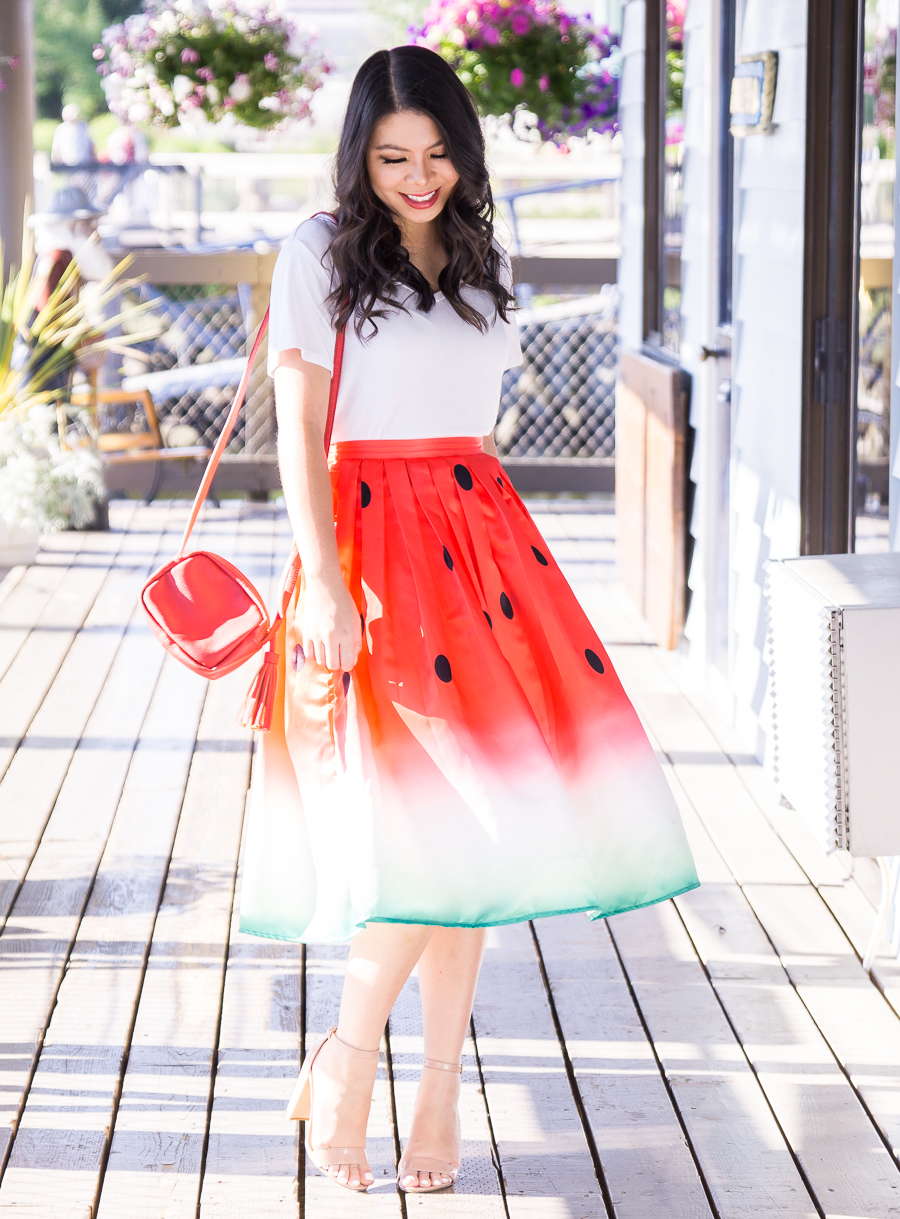 Watermelon skirt, watermelon print, cute summer outfit, Seattle fashion blogger, petite fashion blog