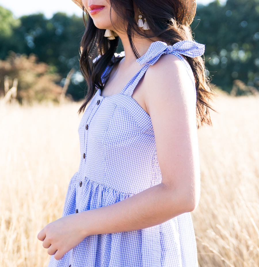 Blue gingham dress, summer style, straw hat, Discovery Park photography, Seattle fashion blogger