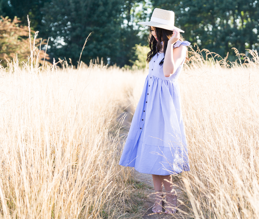 Blue gingham dress, summer style, straw hat, Discovery Park photography, Seattle fashion blogger