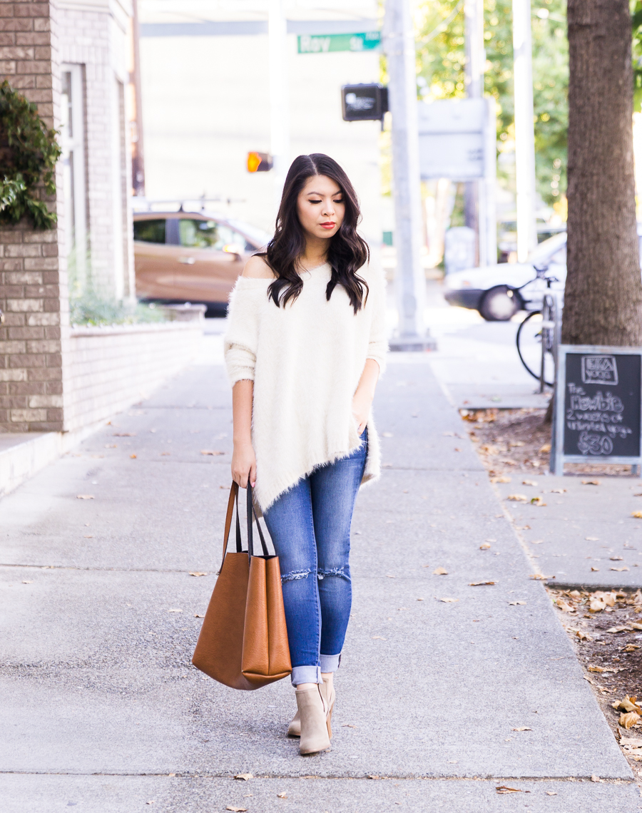 Fuzzy sweater, off the shoulder sweater, cutout booties, casual fall outfit, fall fashion, Seattle fashion blogger