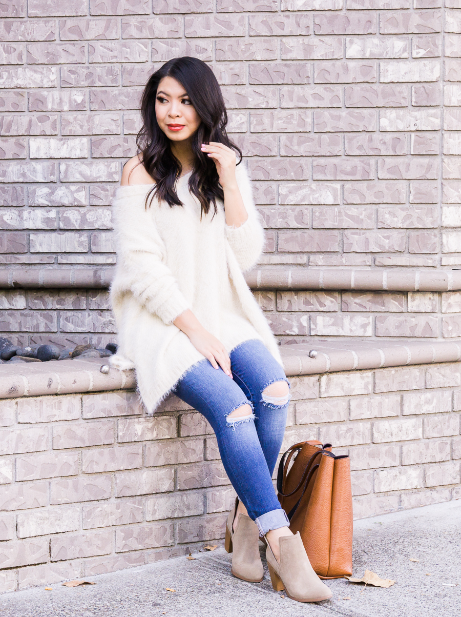 Fuzzy sweater, off the shoulder sweater, cutout booties, casual fall outfit, fall fashion, Seattle fashion blogger