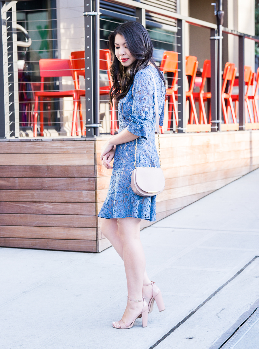 Wayf blue lace dress, open back dress, Seattle fashion blogger Just A Tina Bit, petite blogger