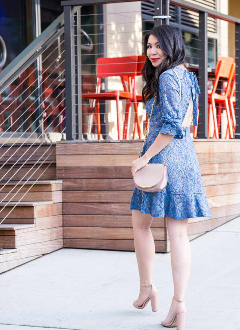 Wayf blue lace dress, open back dress, Seattle fashion blogger Just A Tina Bit, petite blogger