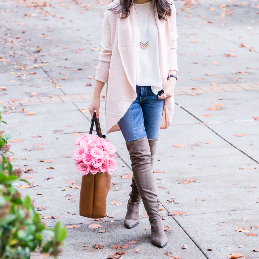 Blush cardigan and pointed toe over the knee boots, casual fall fashion, Seattle fashion blogger