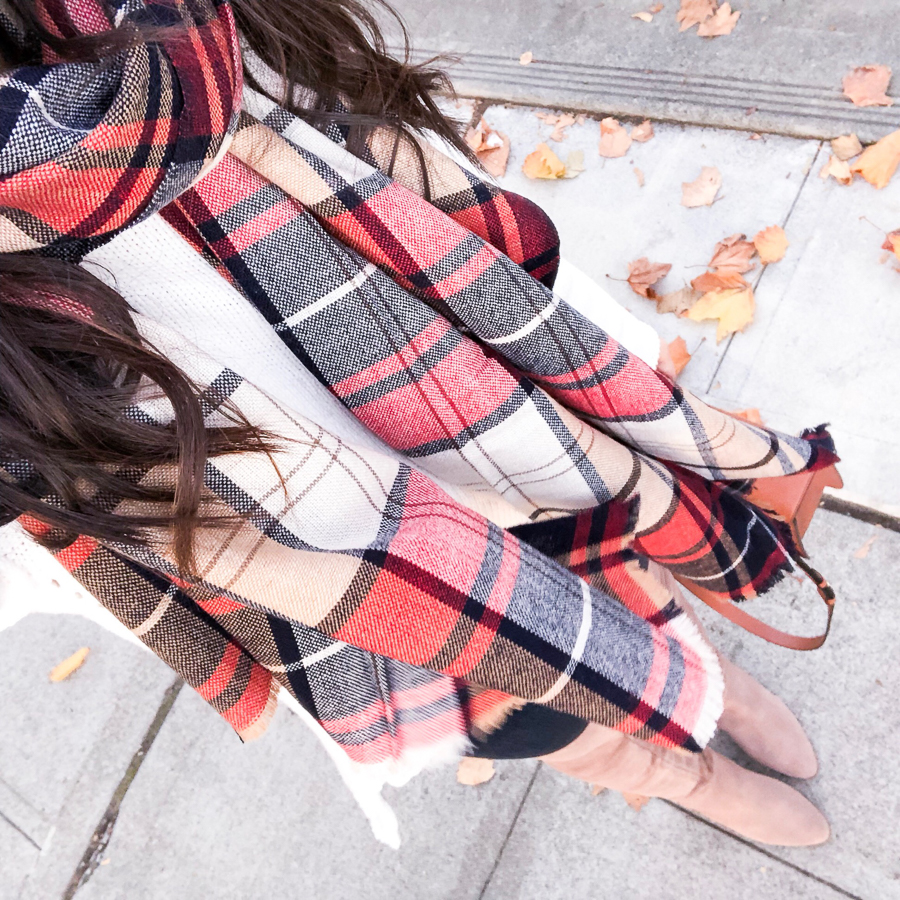 Plaid scarf, over the knee boots, Seattle fashion blogger