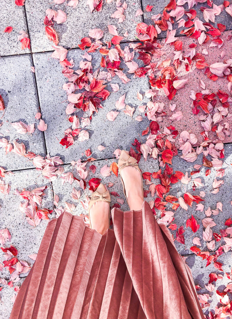 Velour pleated skirt, Sam Edelman bow shoes, Microsoft Redmond campus, fall foliage, fall fashion, fall style