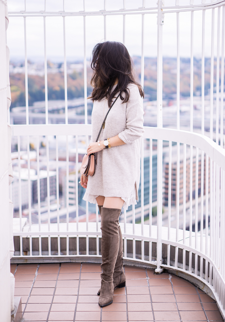 Sweater dress and over the knee boots at Smith Tower, fall style, Seattle fashion blogger