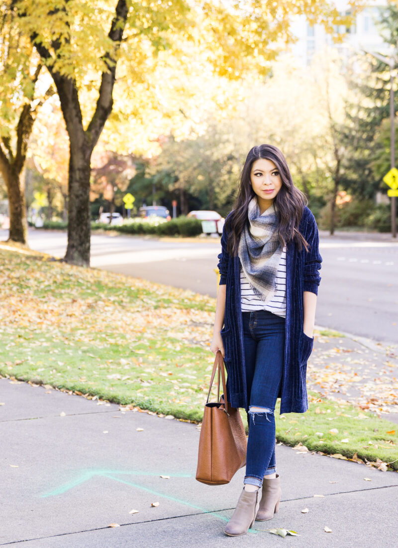 Casual fall outfit, velvet long cardigan, striped tshirt, plaid blanket scarf, booties, tote, Microsoft campus, fall photography, Seattle fashion blogger, petite blogger