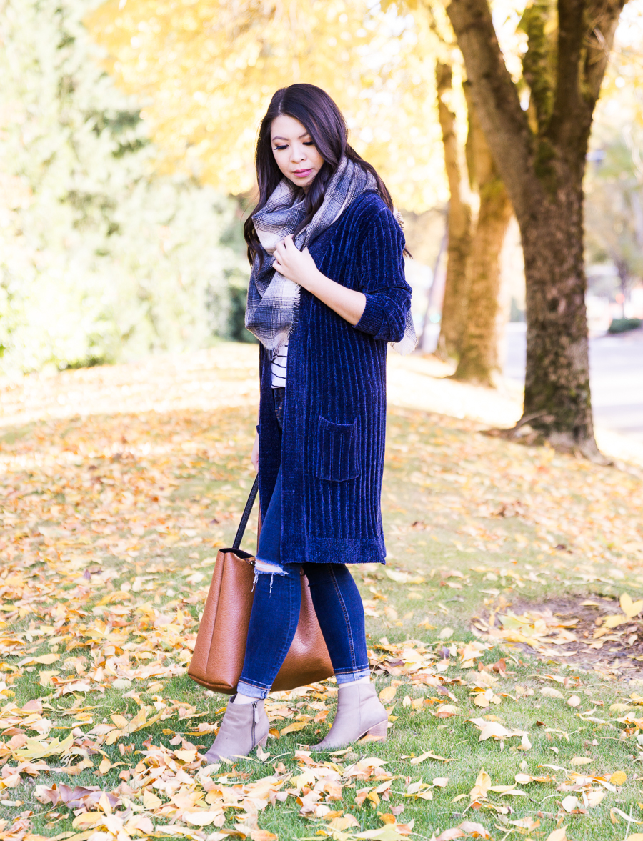 Casual fall outfit, velvet long cardigan, striped tshirt, plaid blanket scarf, booties, tote, Microsoft campus, fall photography, Seattle fashion blogger, petite blogger