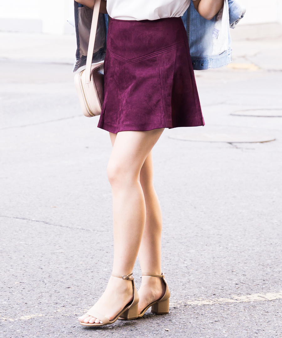 Faux suede burgundy skirt outfit, fall fashion, New Orleans French Quarter, Seattle fashion blogger
