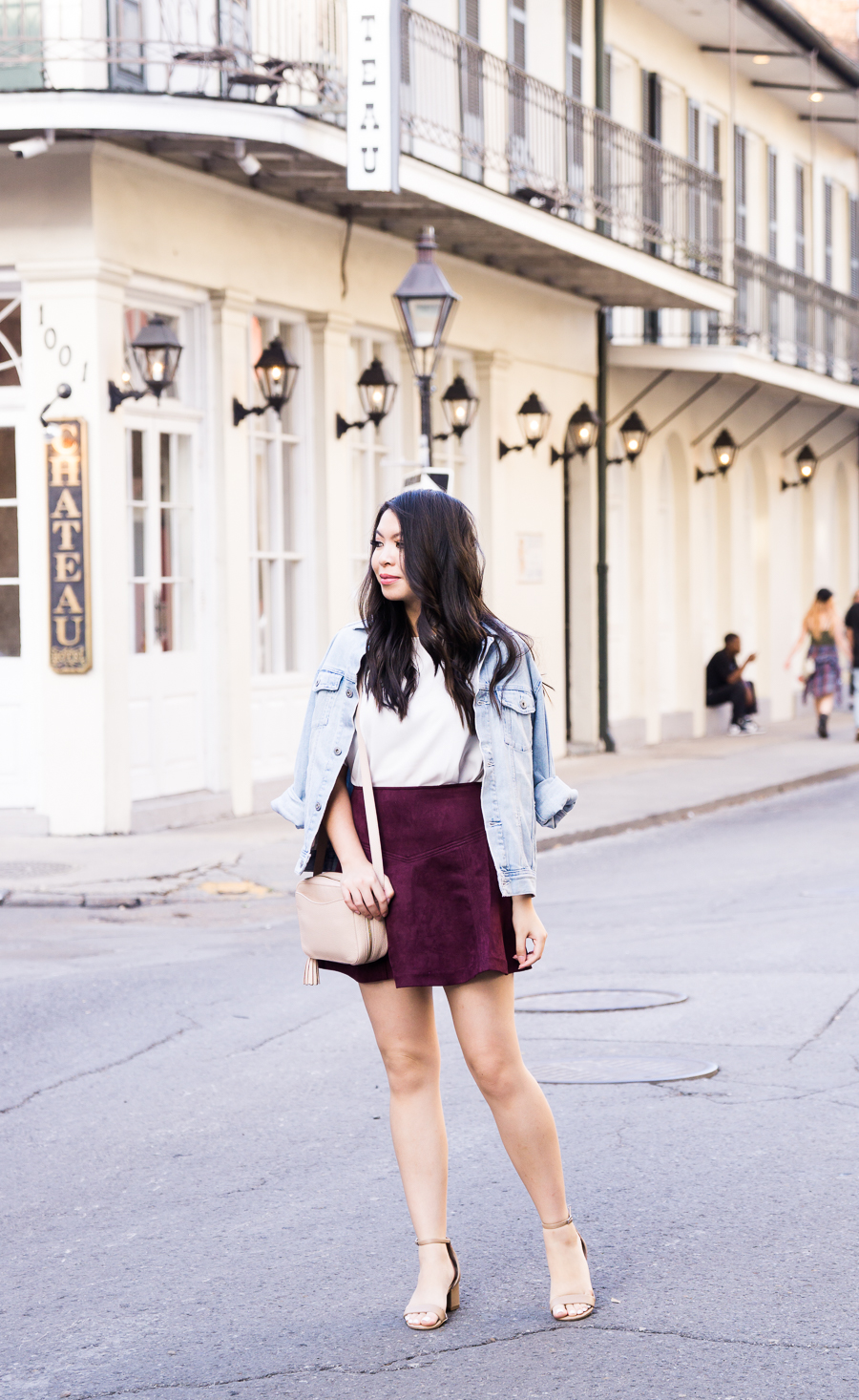 Faux suede burgundy skirt outfit, denim jacket, fall fashion, New Orleans French Quarter, Seattle fashion blogger