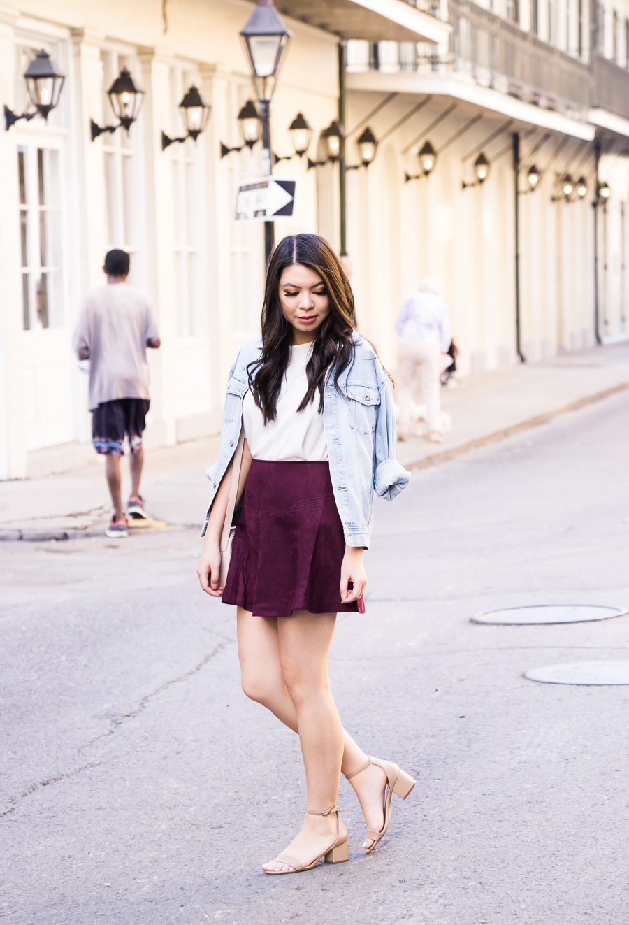 Faux suede burgundy skirt outfit, denim jacket, fall fashion, New Orleans French Quarter, Seattle fashion blogger