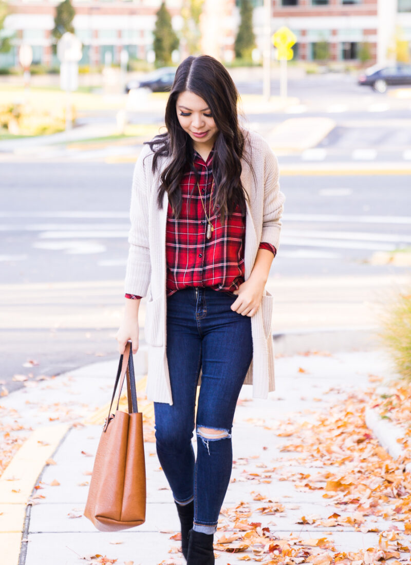 Casual fall outfit, long cardigan, red plaid shirt, suede booties, fall fashion, Seattle fashion blogger