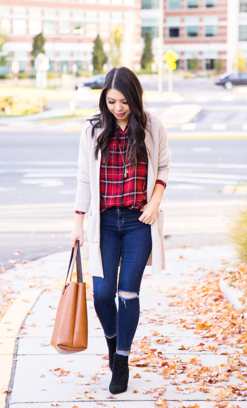 Casual fall outfit, long cardigan, red plaid shirt, suede booties, fall fashion, Seattle fashion blogger