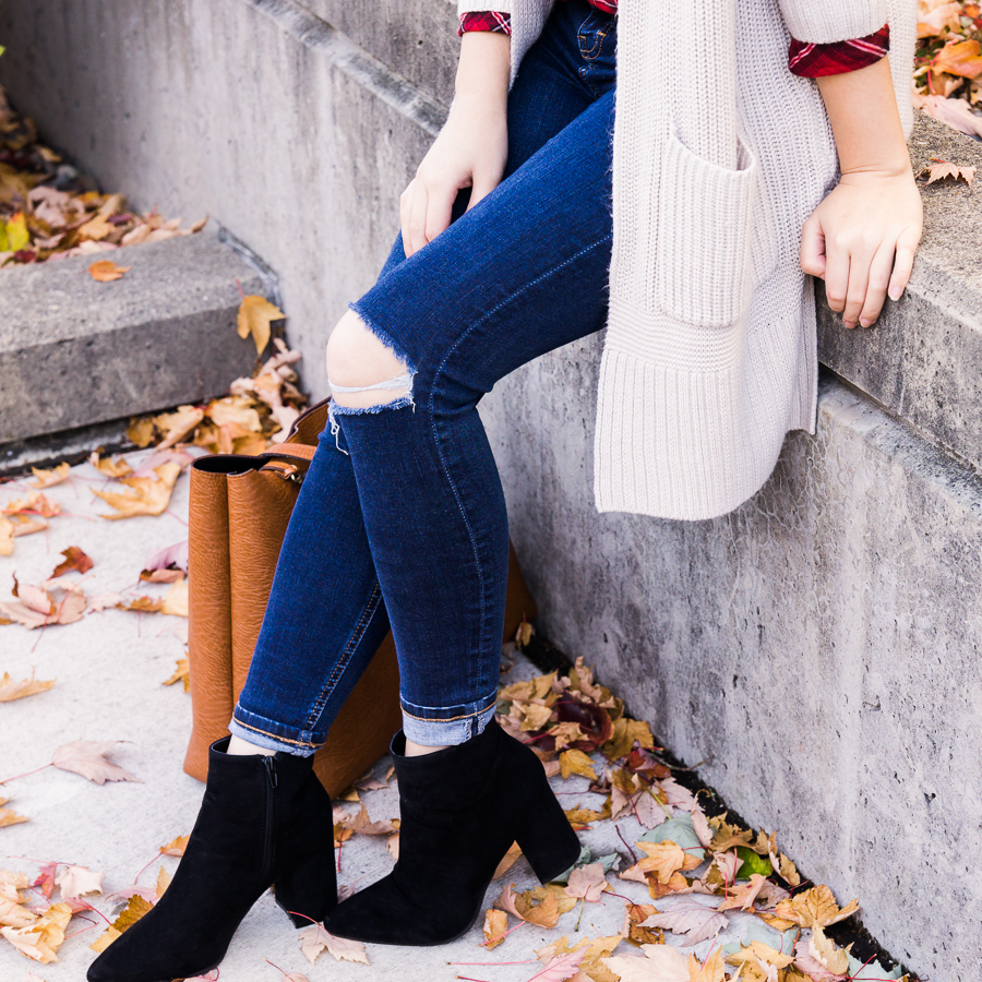 Casual fall outfit, long cardigan, ripped skinny jeans, suede booties, fall fashion, Seattle fashion blogger