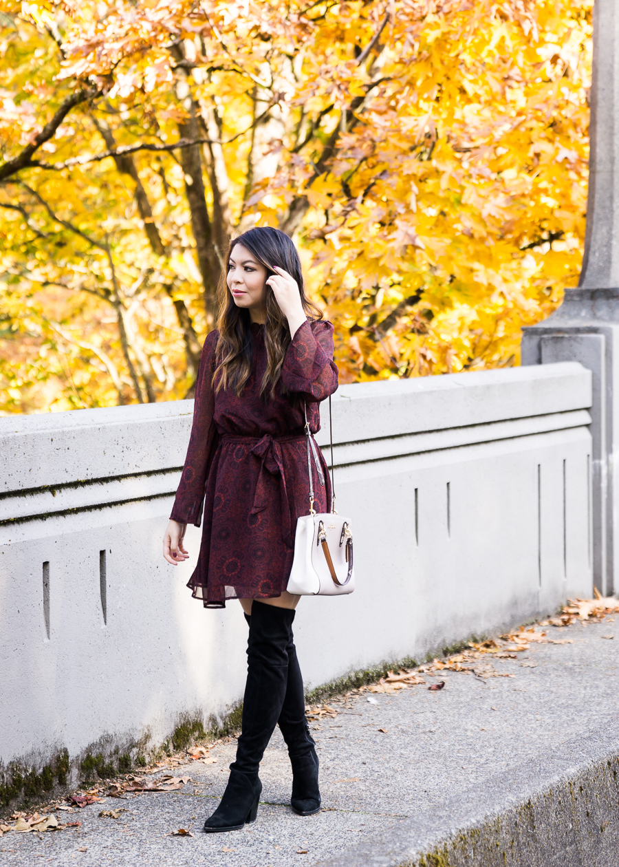 Dress and over the knee boots, fall fashion, cute fall outfit, burgundy fit flare dress, petite Seattle fashion blogger, BB Dakota dress, Marc Fisher over the knee boots