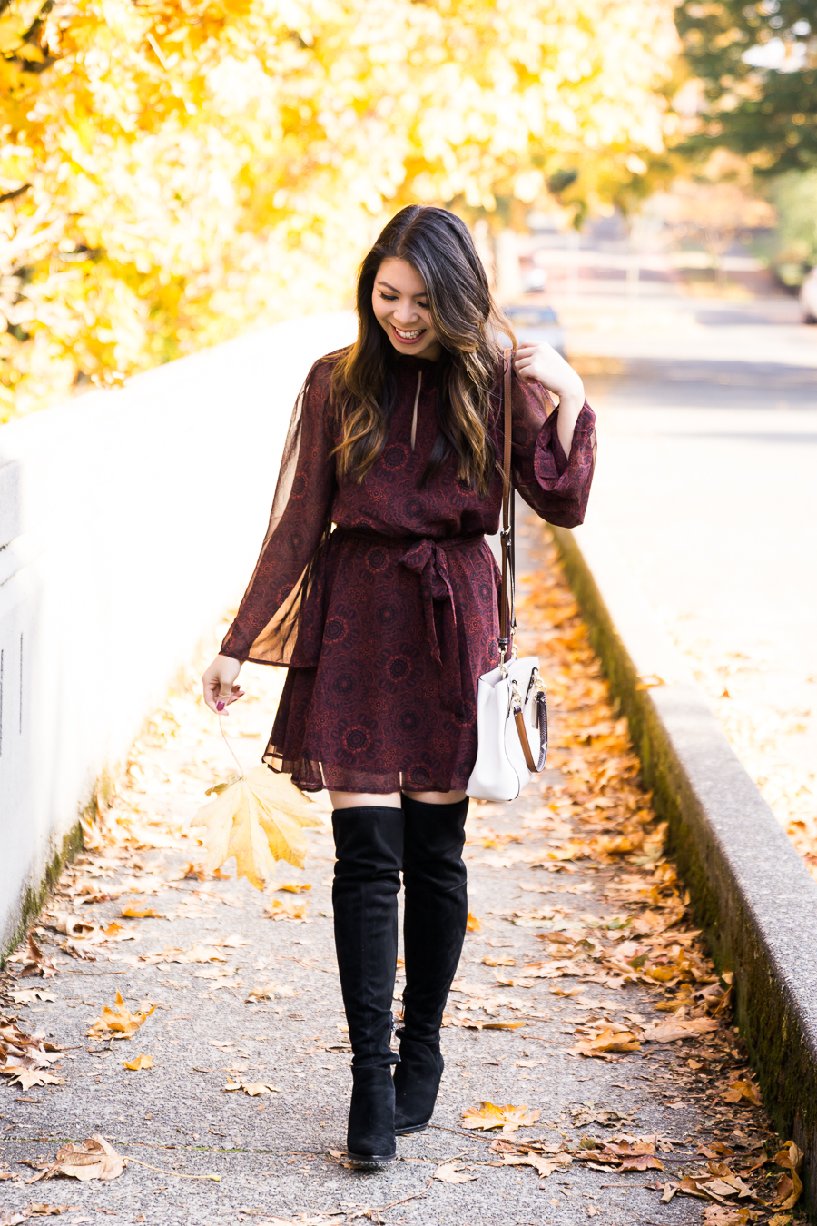 Dress and over the knee boots, fall fashion, cute fall outfit, burgundy fit flare dress, petite Seattle fashion blogger, BB Dakota dress, Marc Fisher over the knee boots