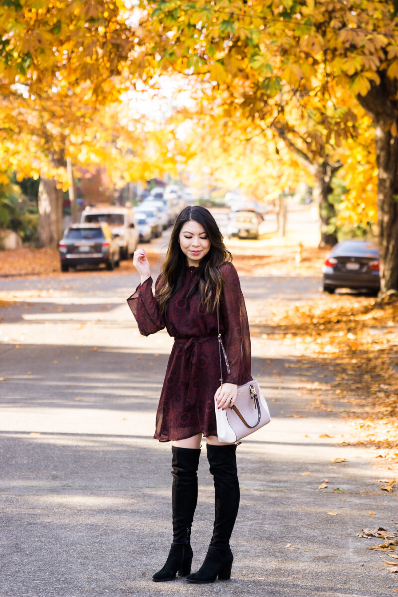 Dress and over the knee boots, fall fashion, cute fall outfit, burgundy fit flare dress, petite Seattle fashion blogger, BB Dakota dress, Marc Fisher over the knee boots