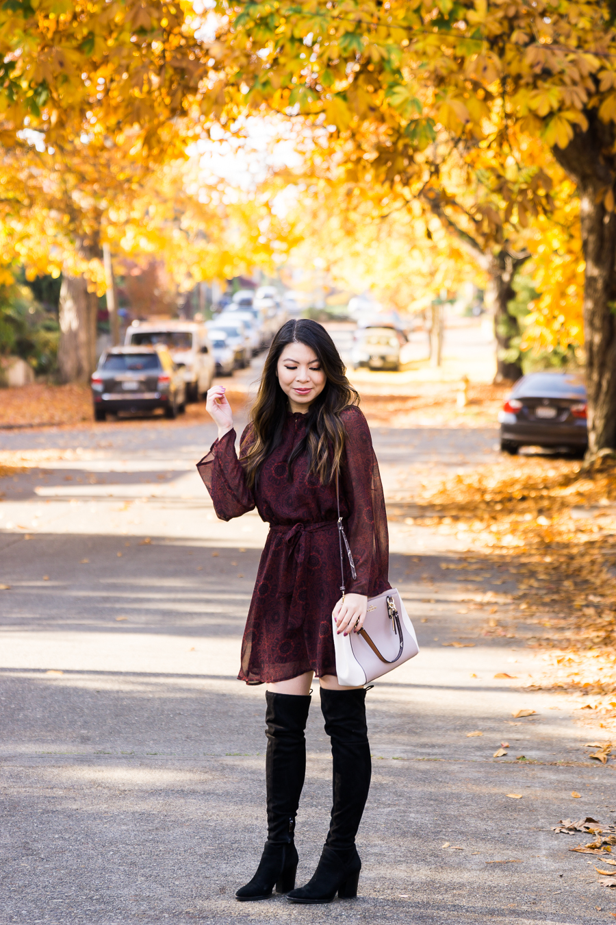Dress and over the knee boots, fall fashion, cute fall outfit, burgundy fit  flare dress, petite Seattle fashion blogger, BB Dakota dress, Marc Fisher  over the knee boots | Just A Tina