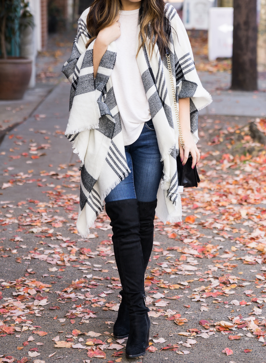 Plaid poncho, over the knee boots, casual cute fall outfit, fall fashion, Seattle fashion blogger, petite blogger, www.justatinabit.com