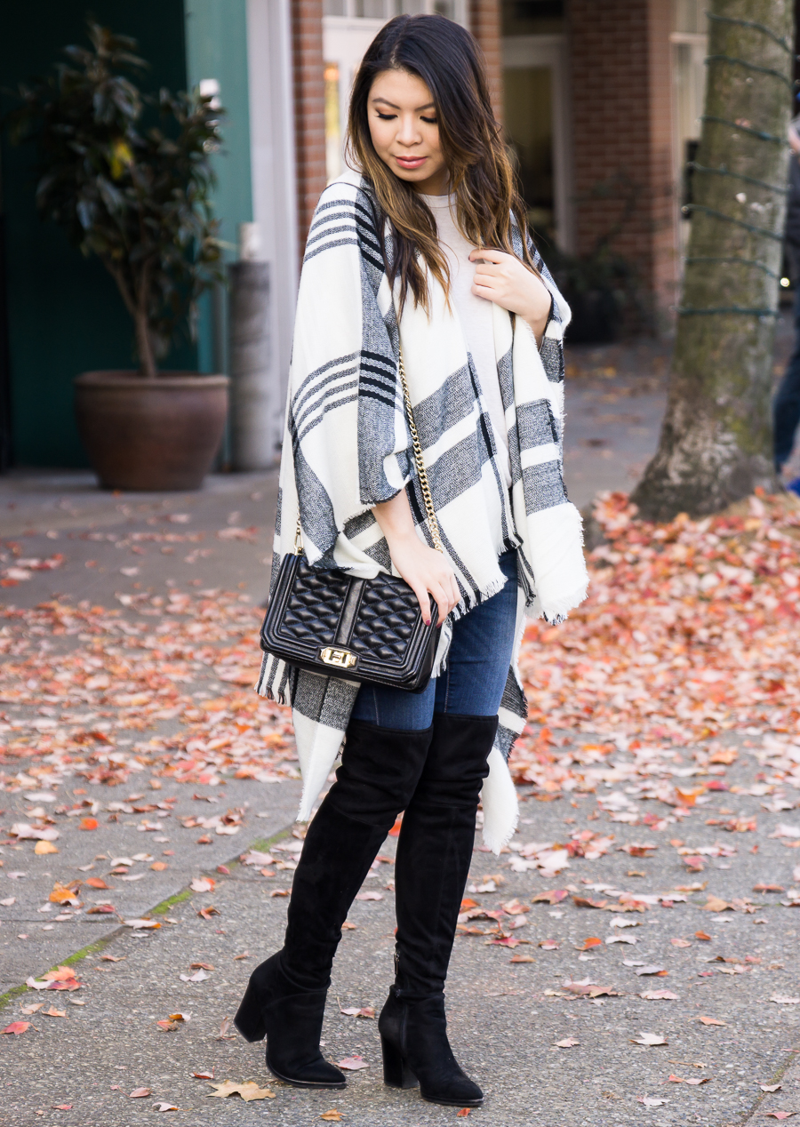 Plaid poncho, over the knee boots, casual cute fall outfit, fall fashion, Seattle fashion blogger, petite blogger, www.justatinabit.com