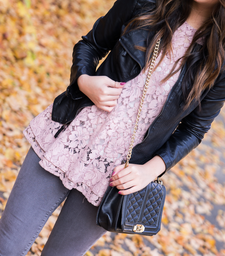 Blush lace top, BLANKNYC faux leather jacket, peplum top, grey jeans outfit, fall outfit, Seattle fashion blogger www.justatinabit.com