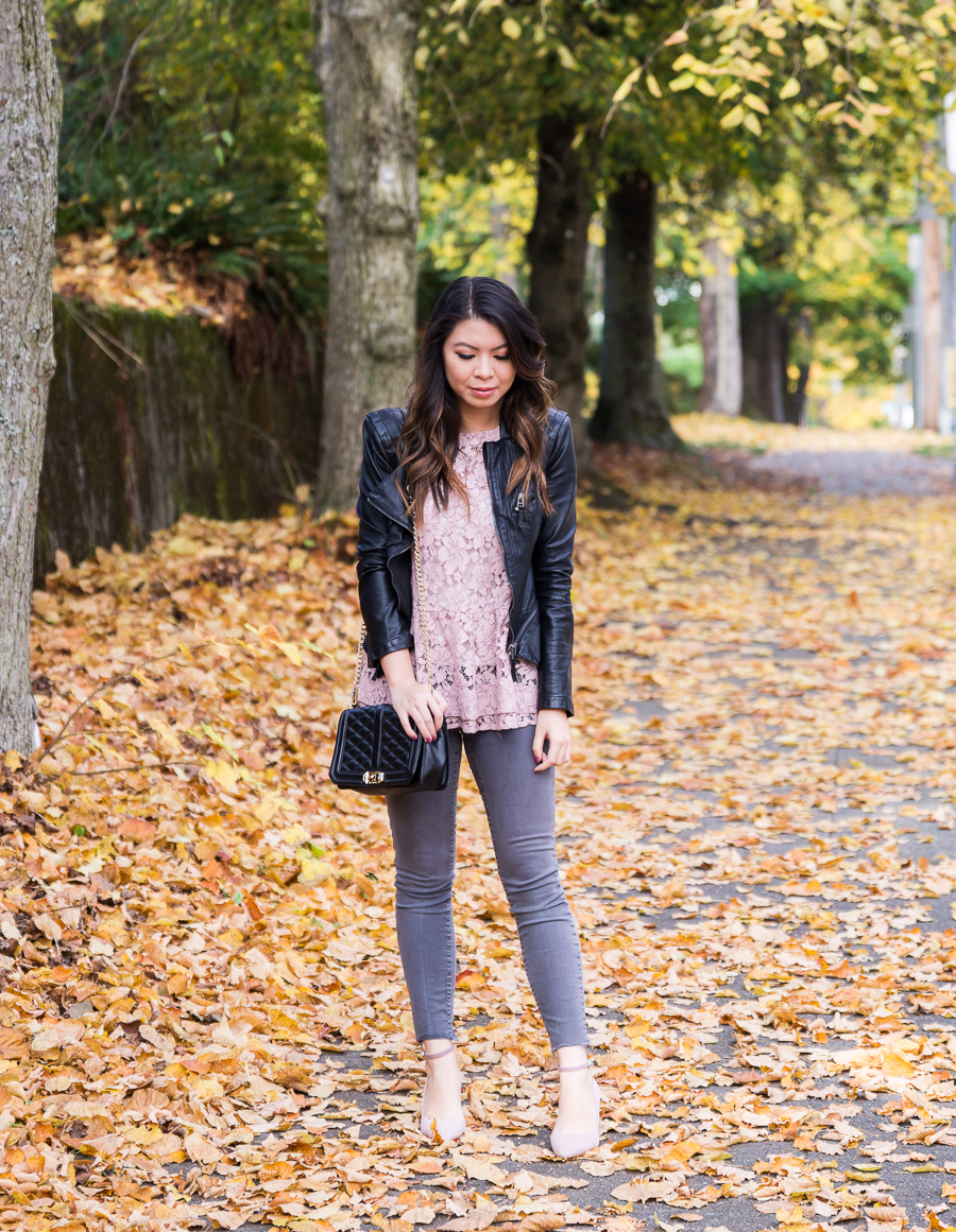Blush lace top, BLANKNYC faux leather jacket, peplum top, grey jeans outfit, Sam Edelman pumps, fall outfit, Seattle fashion blogger www.justatinabit.com