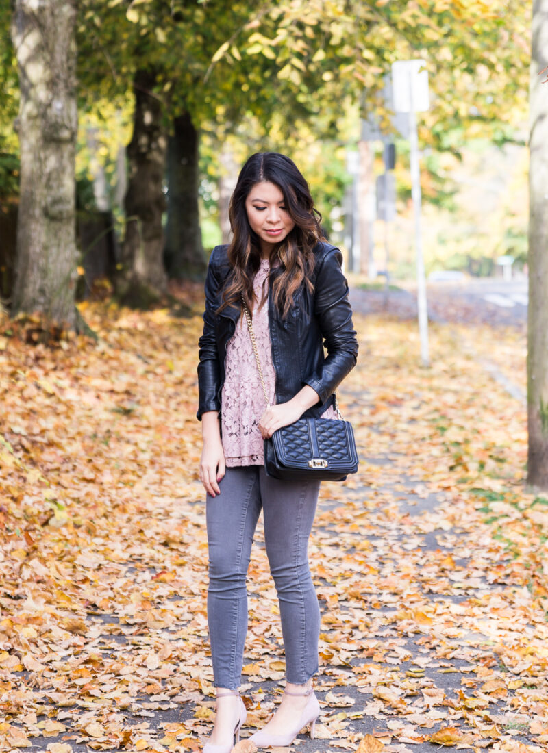 Blush lace top, BLANKNYC faux leather jacket, peplum top, grey jeans outfit, Sam Edelman pumps, fall outfit, Seattle fashion blogger www.justatinabit.com