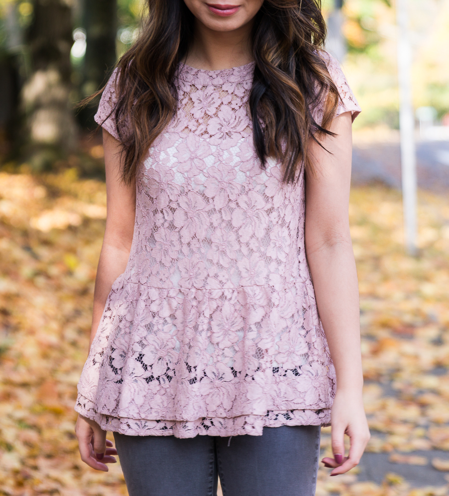 Blush lace top, peplum top, grey jeans outfit, fall outfit, Seattle fashion blogger www.justatinabit.com