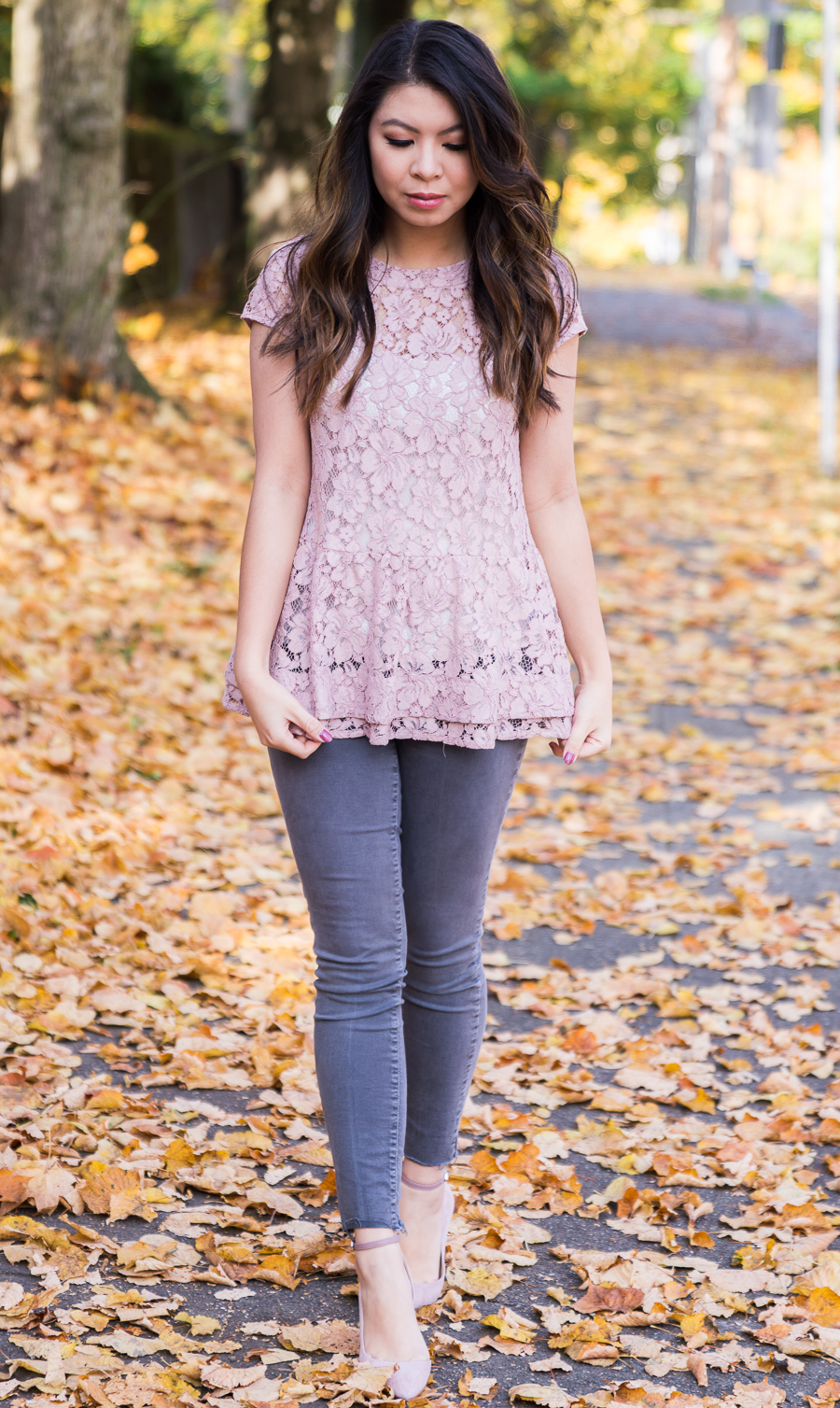 Blush lace top, peplum top, grey jeans outfit, Sam Edelman pumps, fall outfit, Seattle fashion blogger www.justatinabit.com