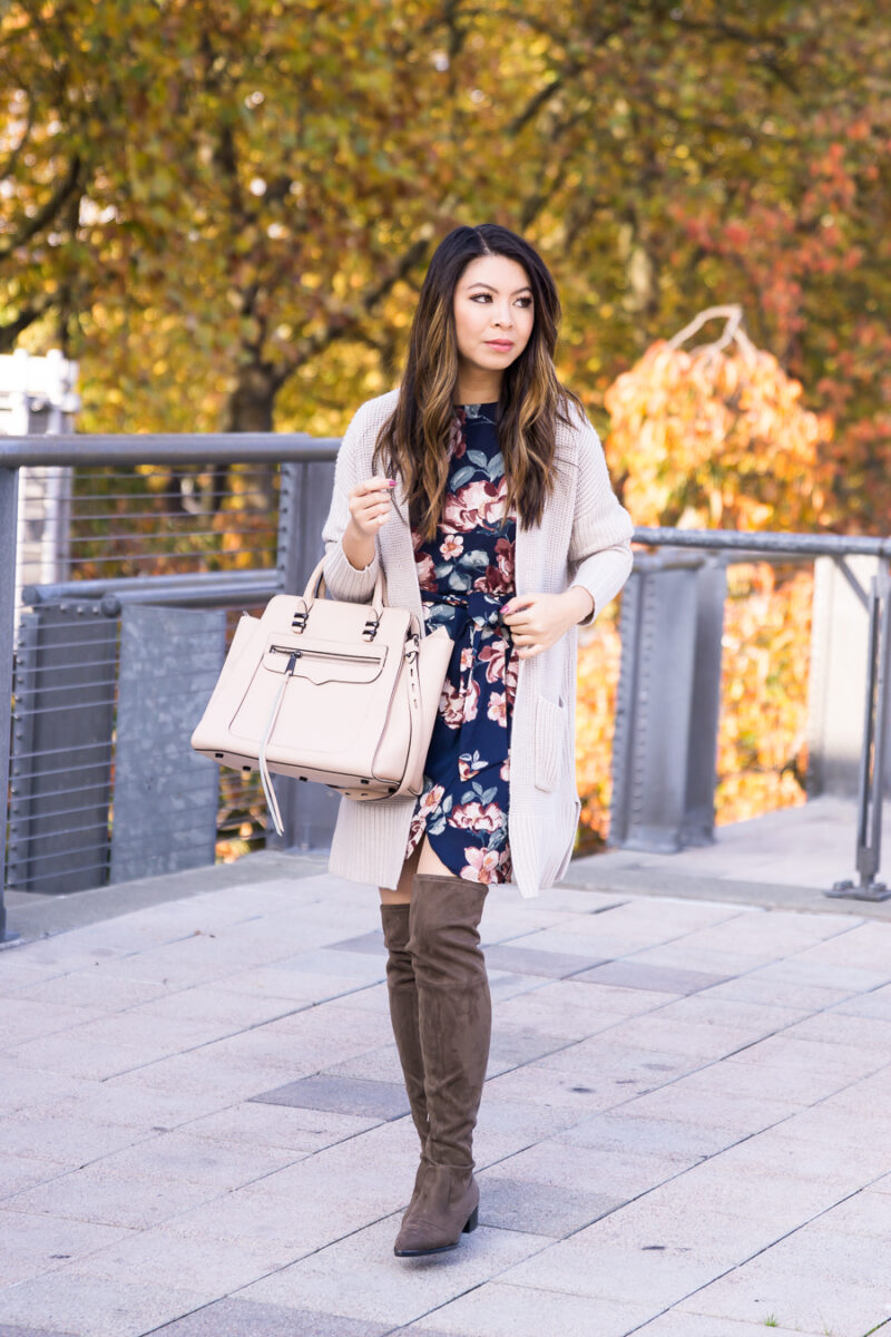 Fall outfit, how to make a summer dress work for fall, dark floral dress, chunky cardigan, over the knee boots, Seattle fashion blogger, www.justatinabit.com