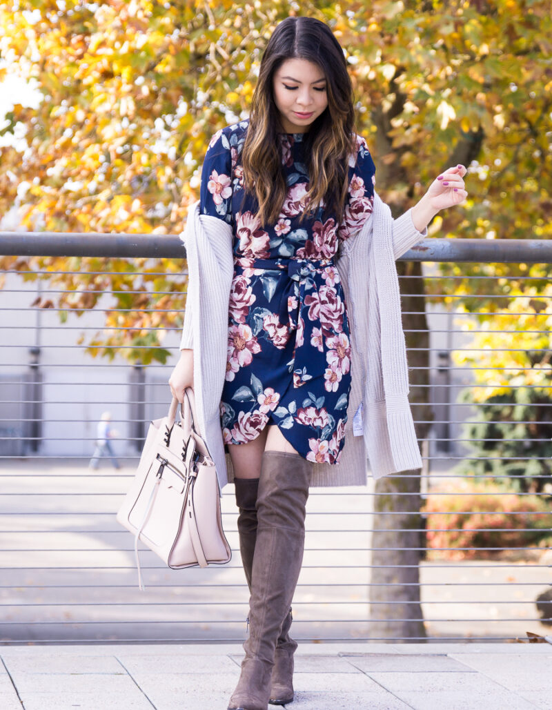 Fall outfit, how to make a summer dress work for fall, dark floral dress, chunky cardigan, over the knee boots, Seattle fashion blogger, www.justatinabit.com
