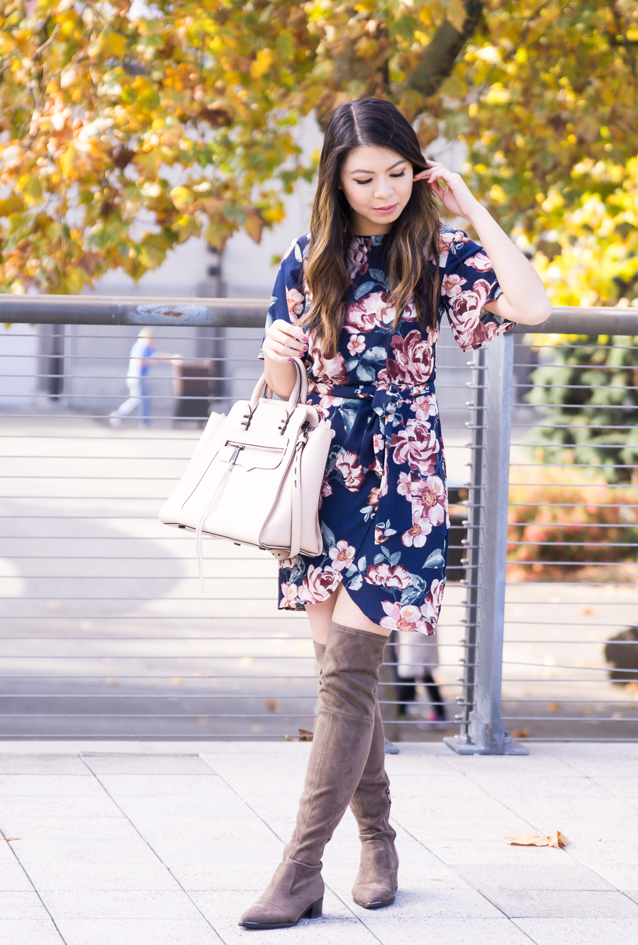 Fall outfit, how to make a summer dress work for fall, dark floral dress, chunky cardigan, over the knee boots, Seattle fashion blogger, www.justatinabit.com