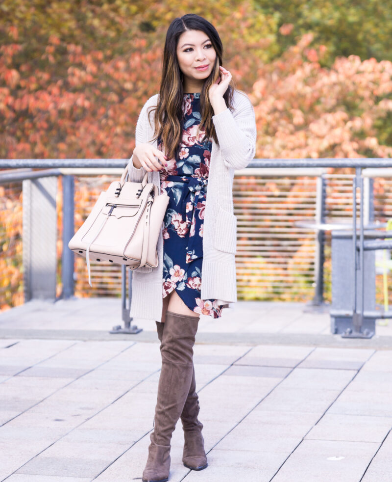 Fall outfit, how to make a summer dress work for fall, dark floral dress, chunky cardigan, over the knee boots, Seattle fashion blogger, www.justatinabit.com