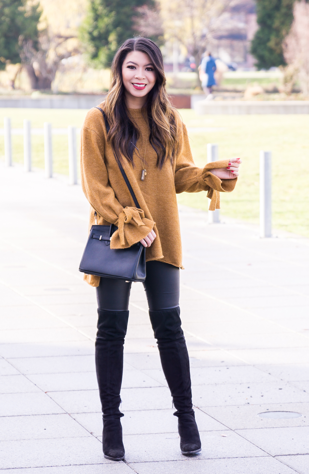 Tie sleeve sweater, bow sleeves, over the knee boots, faux leather leggings, winter outfit, winter fashion, Seattle fashion blogger, www.justatinabit.com