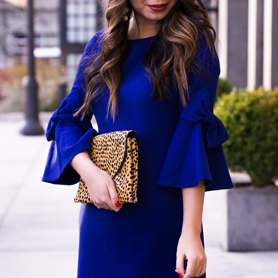 Bow sleeve dress, bow sleeves, cobalt blue, Eliza J dresses, leopard print clutch, petite fashion blogger