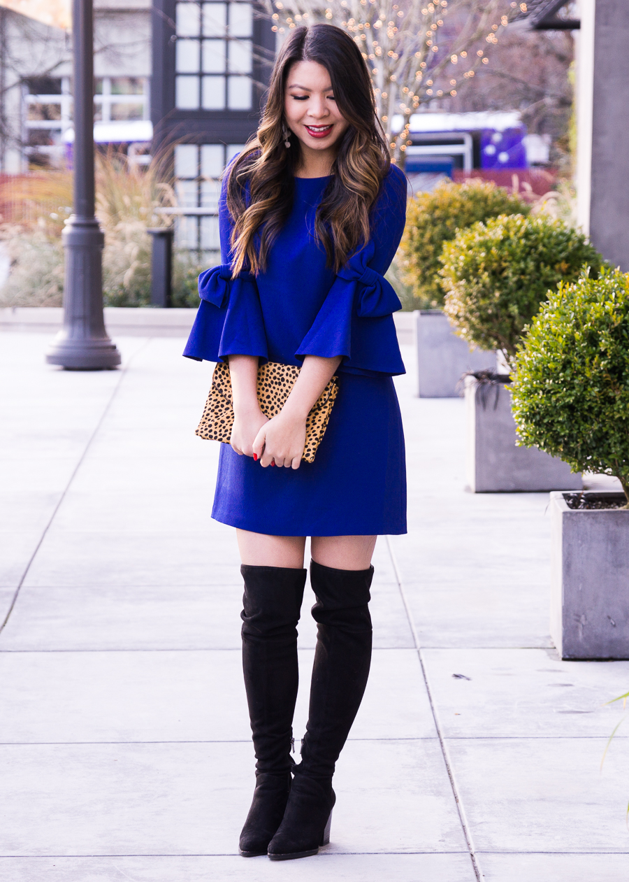 Bow sleeve dress, bow sleeves, cobalt blue, Eliza J dresses, dress with over the knee boots, petite fashion blogger