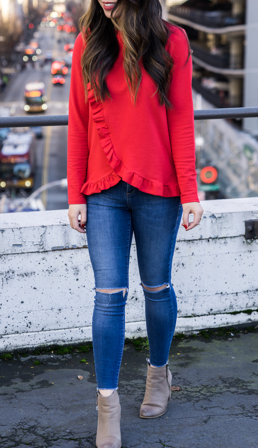 Red ruffle top, casual Valentine's Day outfit, casual style, Seattle fashion blogger