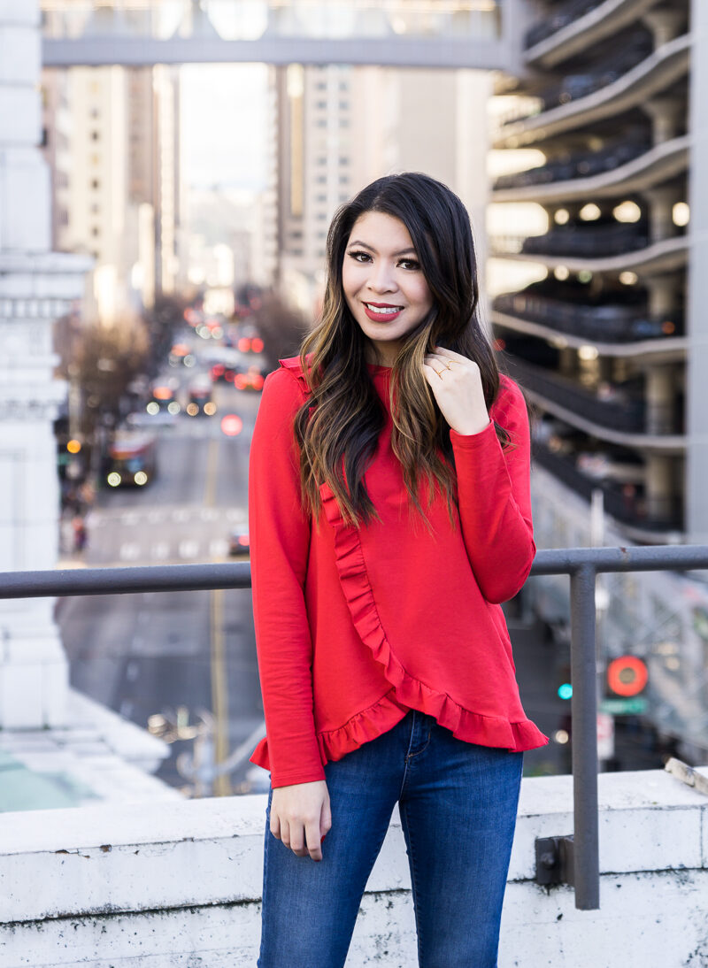 Red ruffle top, casual Valentines Day outfit, casual style, Seattle fashion blogger