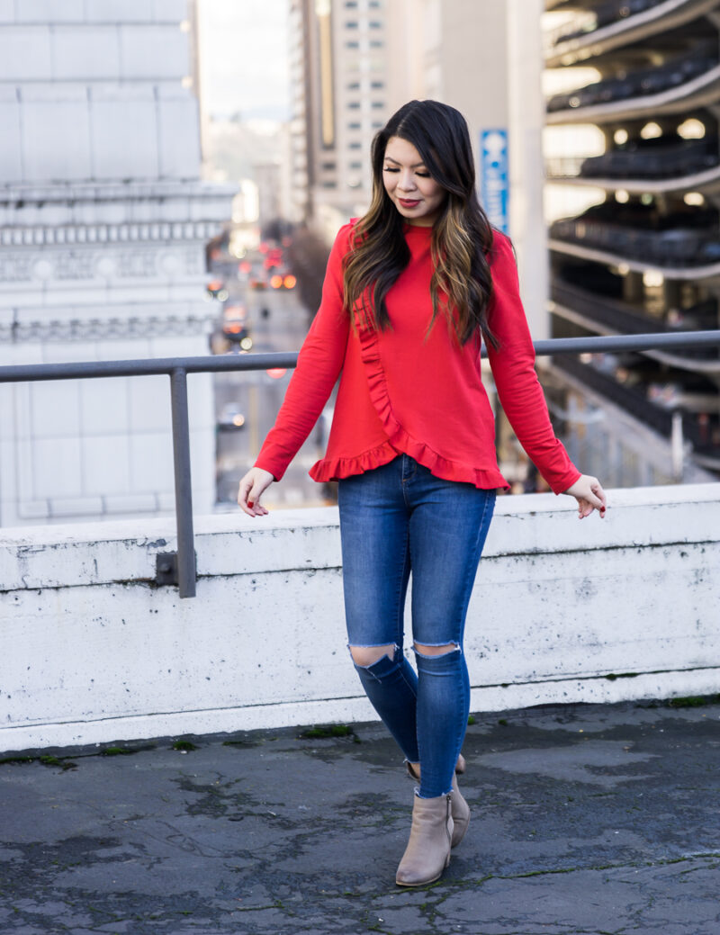 Red ruffle top, casual Valentines Day outfit, casual style, Seattle fashion blogger