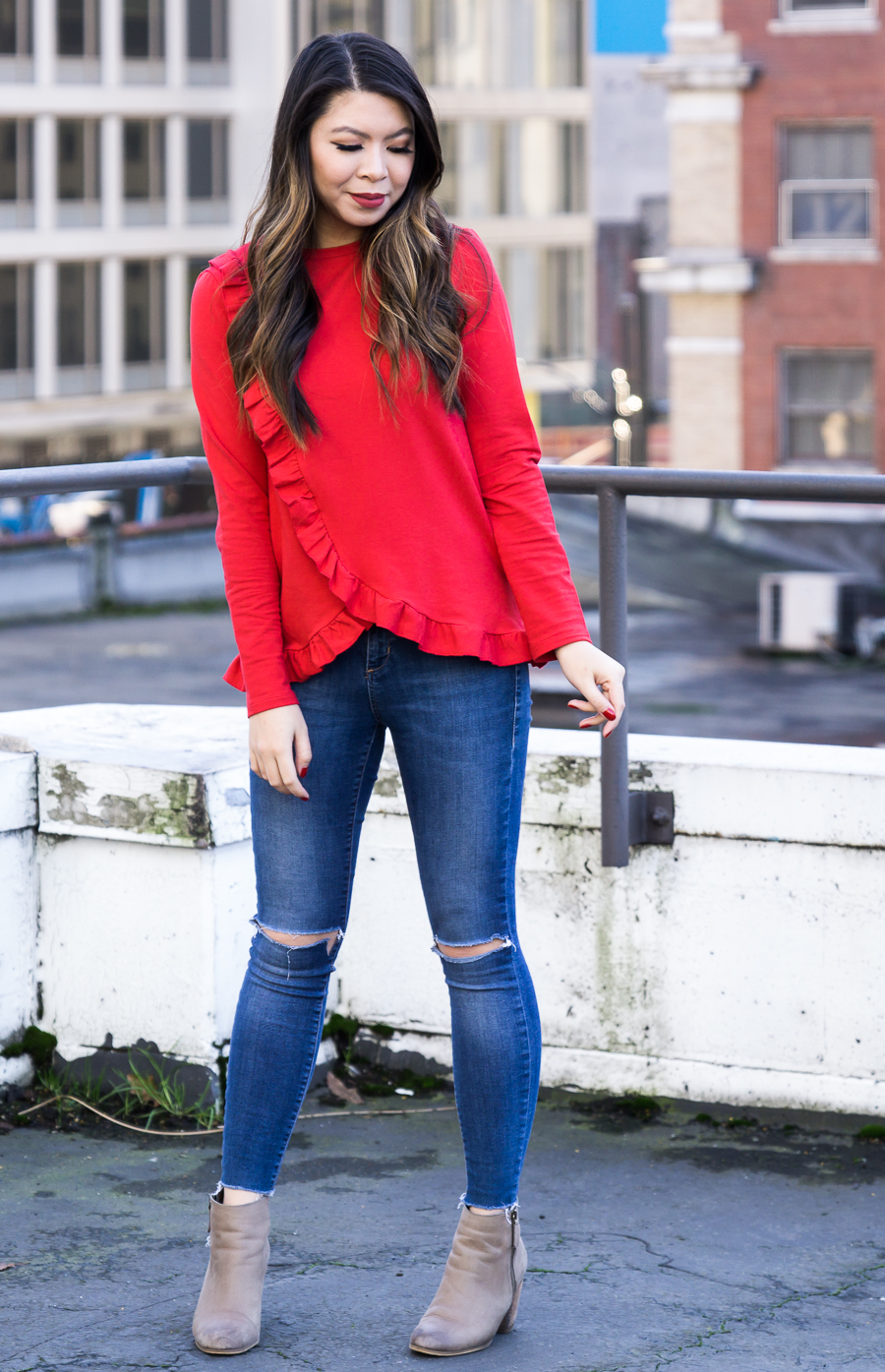 Red ruffle top, casual Valentine's Day outfit, casual style, Seattle fashion blogger