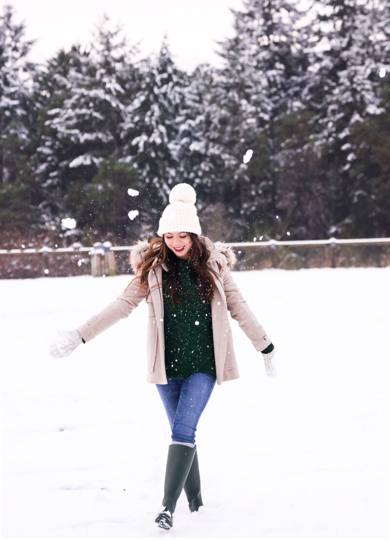 Snow outfits, winter fashion, duffle coat, cable knit sweater, mittens, pom pom beanie, rain boots, Seattle fashion blogger
