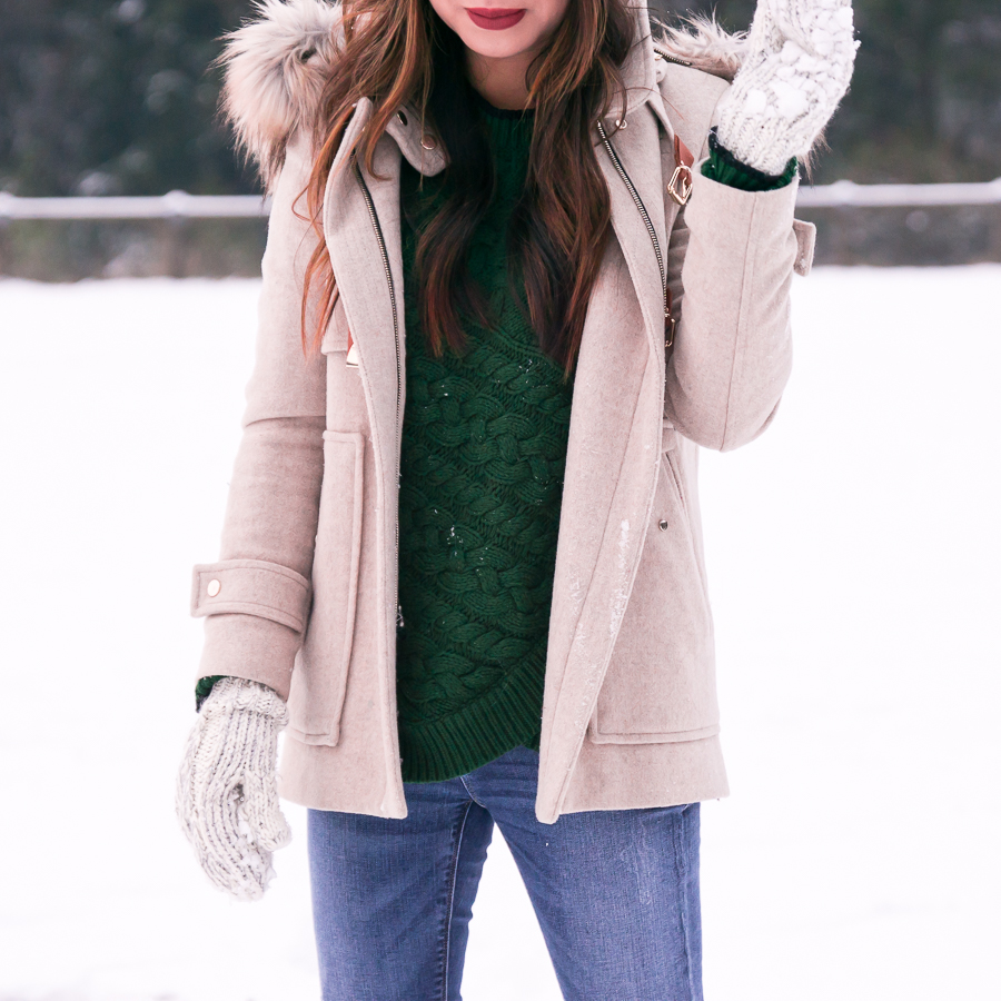 Snow outfits, winter fashion, duffle coat, cable knit sweater, mittens, pom pom beanie, rain boots, Seattle fashion blogger