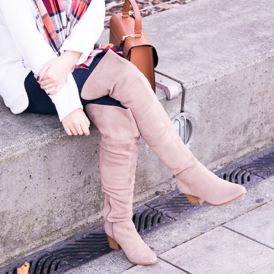 Beige over the knee boots, fall fashion